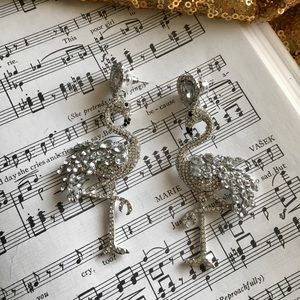 Crystal statement flamingo silver dangle earrings